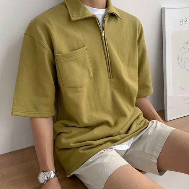 Nightbell-Short-Sleeve Plain Half-Zip Polo Shirt