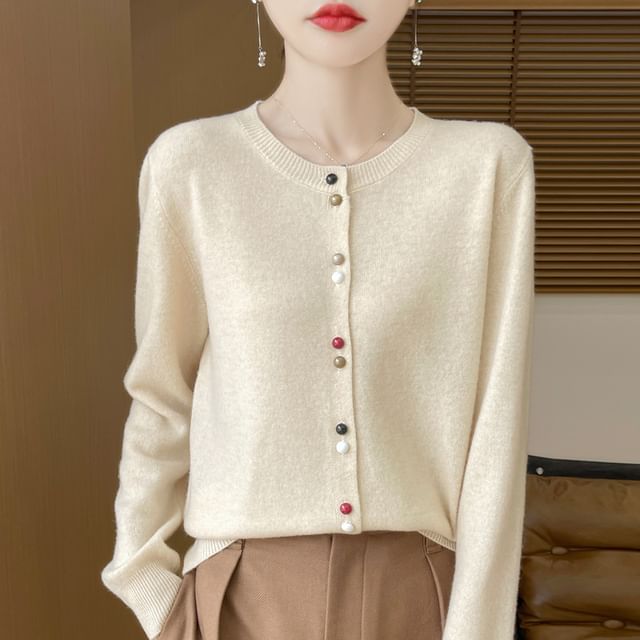 Weelop-Round Neck Plain Button Up Knit Cardigan