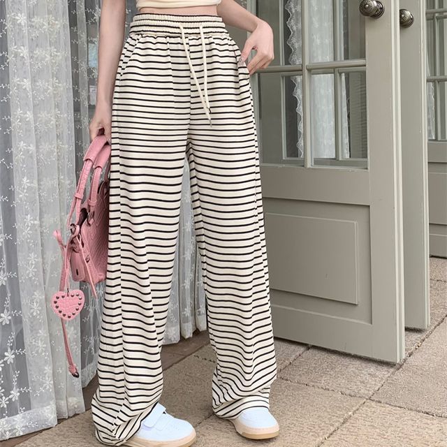 Everose-Drawstring Waist Striped Wide Leg Pants