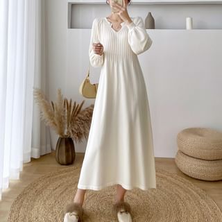 Rosy Street Maternity Long-Sleeve Notch Neck Plain Midi A-Line Knit Dress Sale
