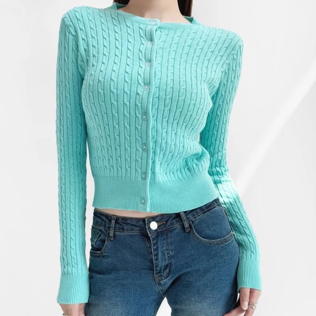 Asiris-Round Neck Plain Cable Knit Cardigan