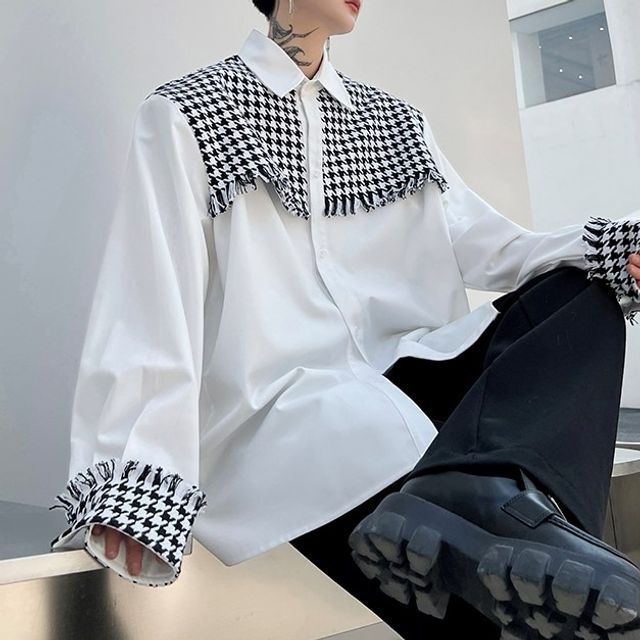 ravewider-Houndstooth Panel Fringed Oversized Shirt