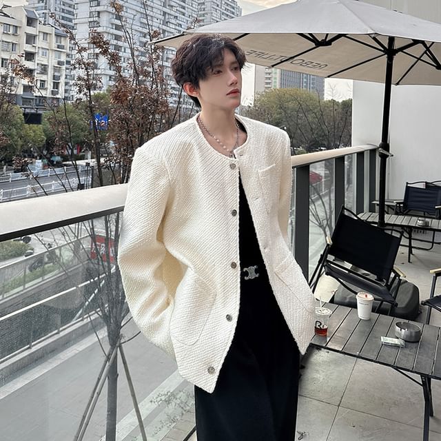 Freehop-Crew Neck Button-Up Plain Tweed Jacket