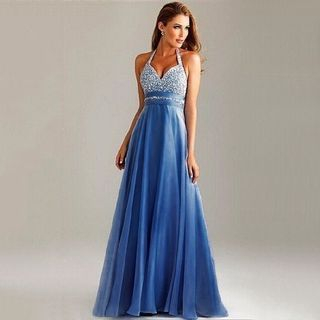 Izume - Tie-Waist Panel Halter Cocktail Gown | YesStyle