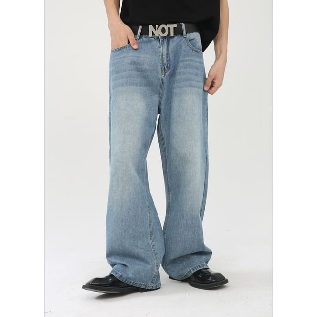 pinkdropper-Mid Rise Washed Wide Leg Jeans