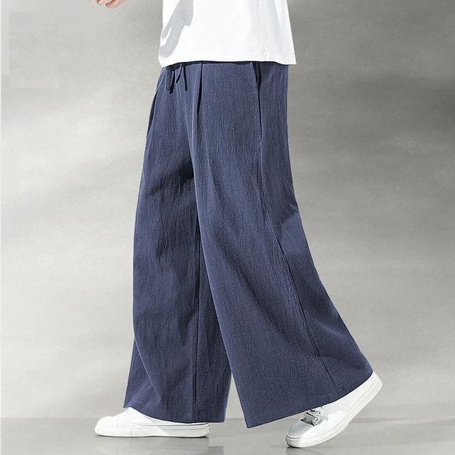 YIKES-Drawstring Waist Plain Wide Leg Pants