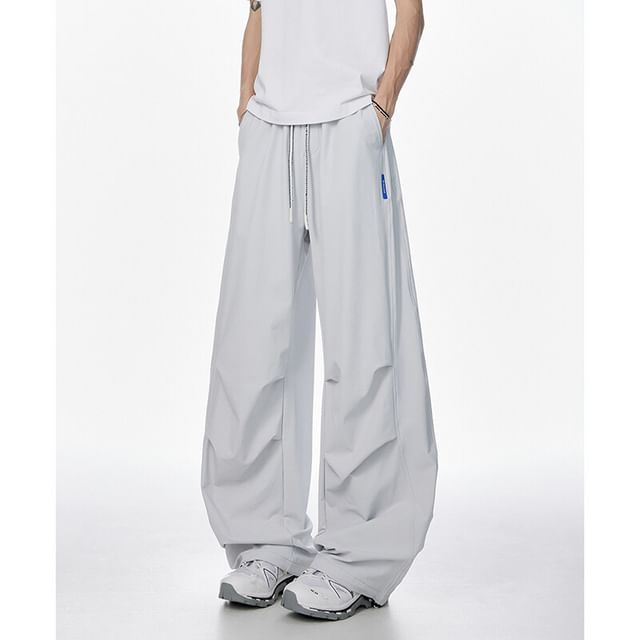 YIKES-Drawstring Waist Plain Straight Leg Parachute Pants