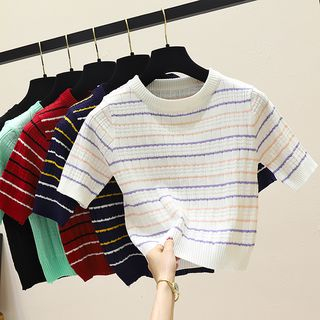 Enoki - Short-Sleeve Striped Cropped Knit Top | YesStyle