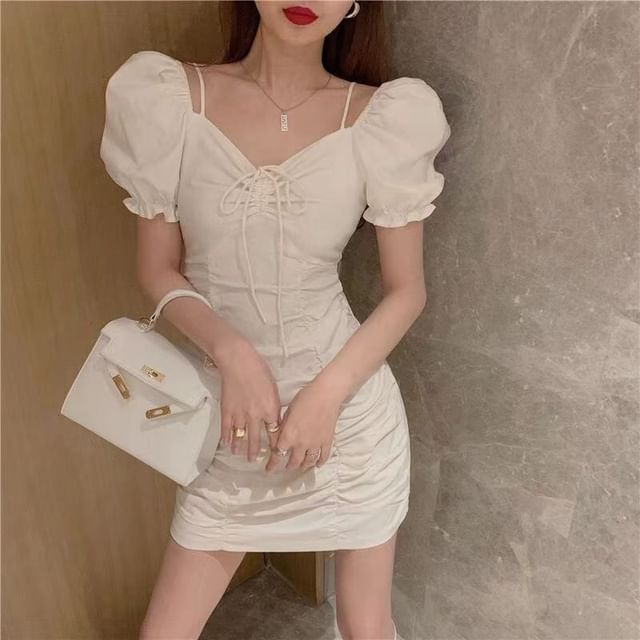 Everose-Puff-Sleeve Sweetheart-Neckline Plain Drawstring Mini Bodycon Dress