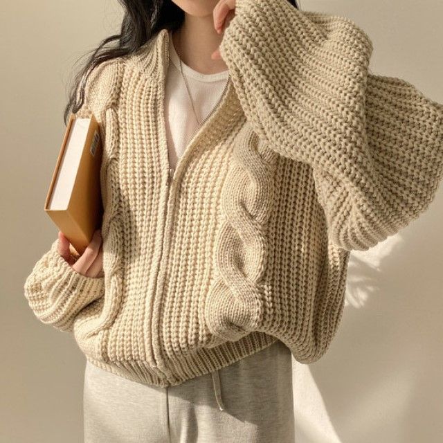 【MODERNIF】Foren cable zip-up cardigan knit Oversized Beige Cable Knit Zip-Up Hoodie - Grunge & Retro