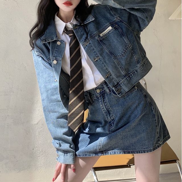 Moon City Cropped Denim Jacket Mini Skirt YesStyle