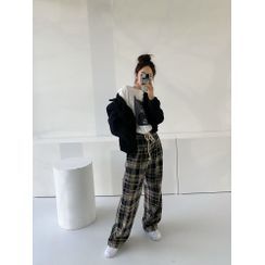 PPGIRL - Drawstring-Waist Plaid Pants PPGIRL - Drawstring-Waist Plaid Pants