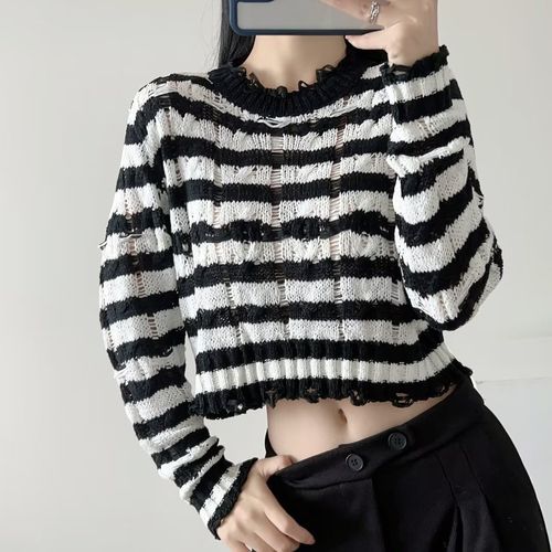 Webeisque - Long Sleeve Striped Open-Knit Crop Sweater