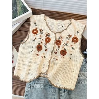 Lemongrass Button-Up Embroidered Summer-Knit Vest Sale