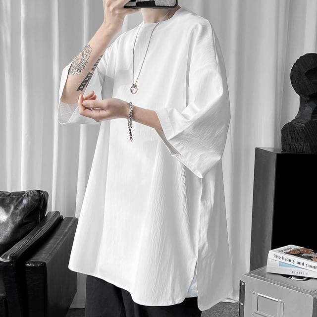 Drawouf-Elbow-Sleeve Crew Neck Plain T-Shirt