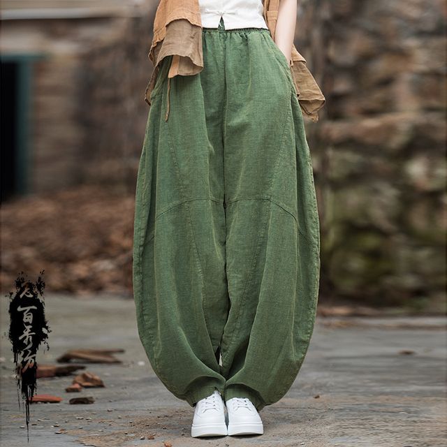 Lewwe-Mid Rise Plain Baggy Ramie Pants