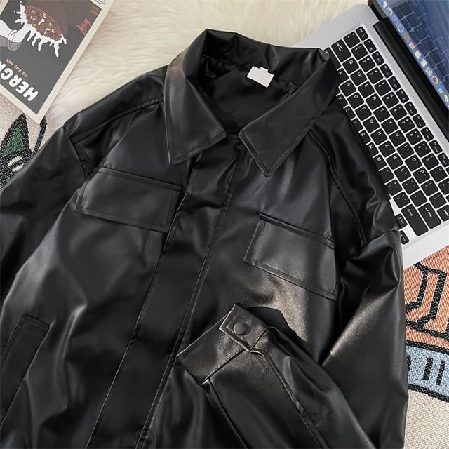 Lorencho-Plain Faux Leather Jacket