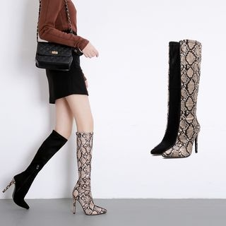 Niuna-Pointy Toe Snake Pattern Panel High Heel Tall Boots