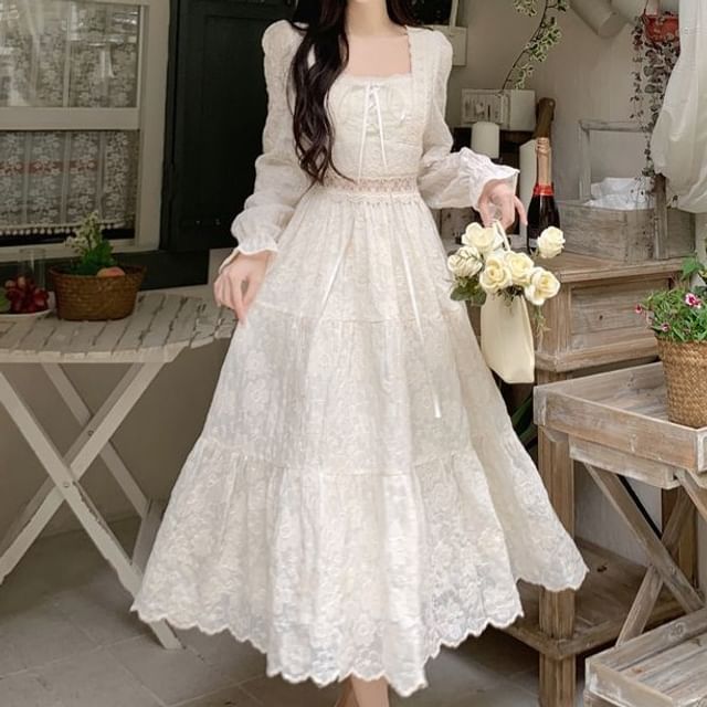Puff Sleeve Square-Neck Lace-Trim Midi A-Line Dress