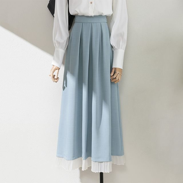 Rusutsu - High Rise Plain Pleated Trim Midi A-Line Skirt | YesStyle