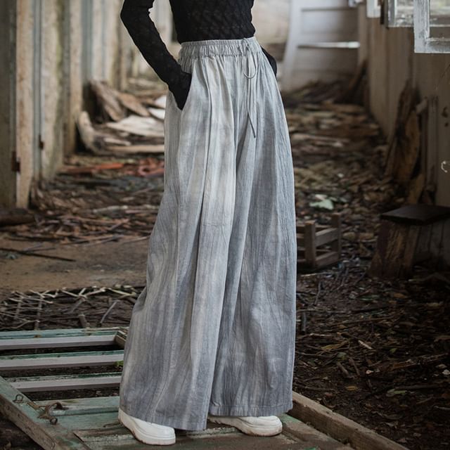 Lewwe-Drawstring Waist Tie Dye Ramie Wide Leg Pants
