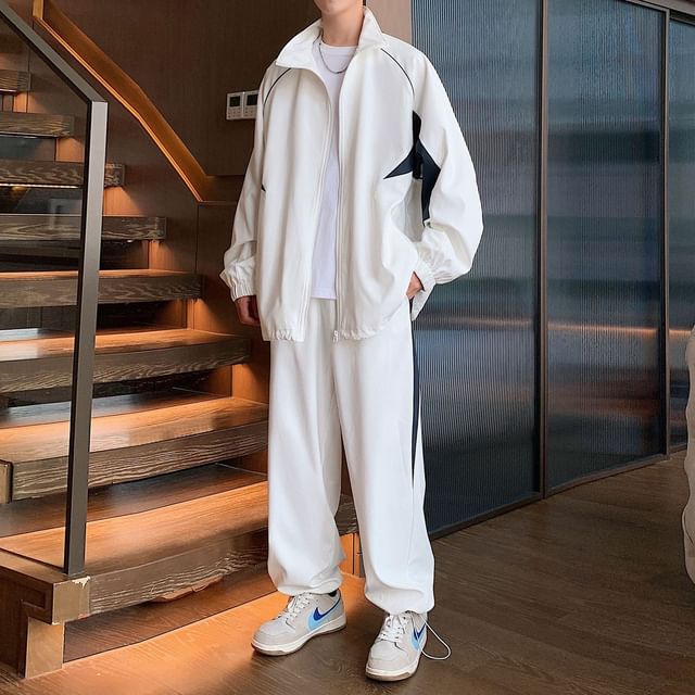 Obikan-Set Stand Collar Two Tone Zip Jacket Mid Rise Striped Sweatpants