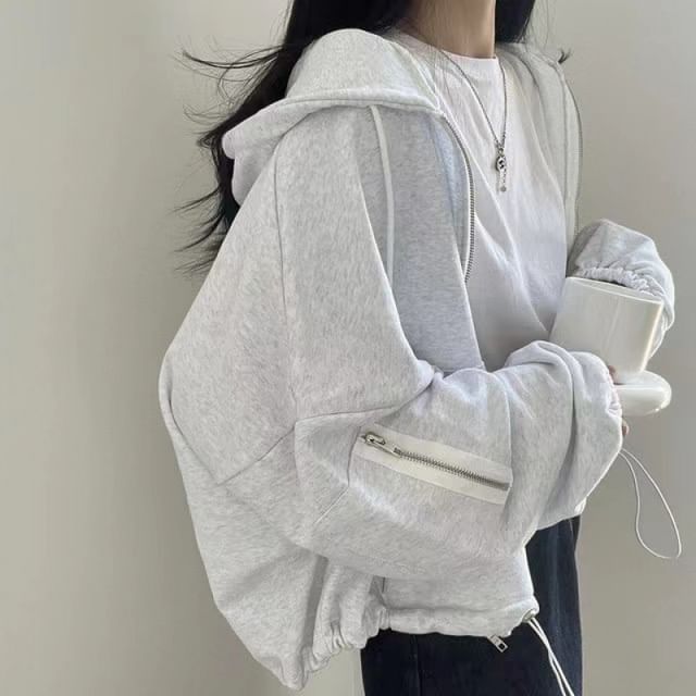 Essere-Plain Drawstring Zip Hoodie