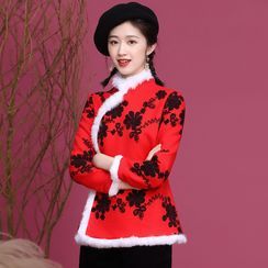 Ozipan - Long-Sleeve Floral Embroidered Fluffy Trim Qipao Top