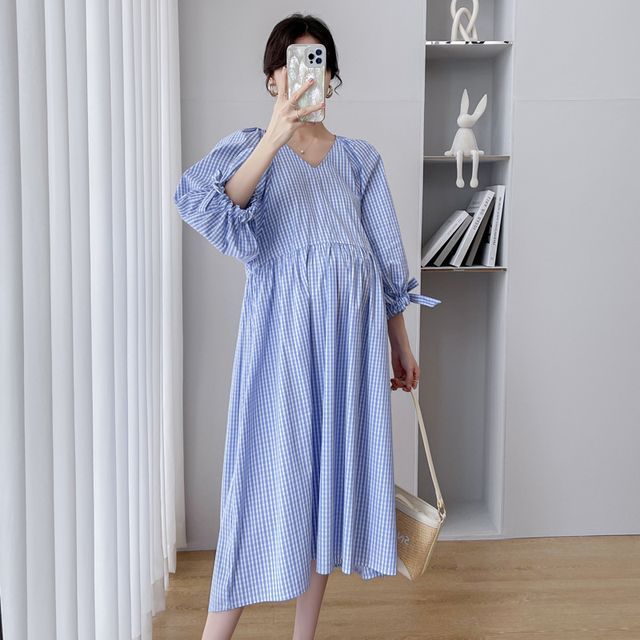 blue plaid maternity dress Hunter Green Plaid Sleeveless Cotton Maternity Maxi Dress – PinkBlush main image 0