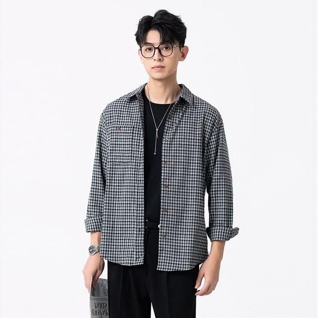 Zentrus-Long Sleeve Collared Plaid Shirt