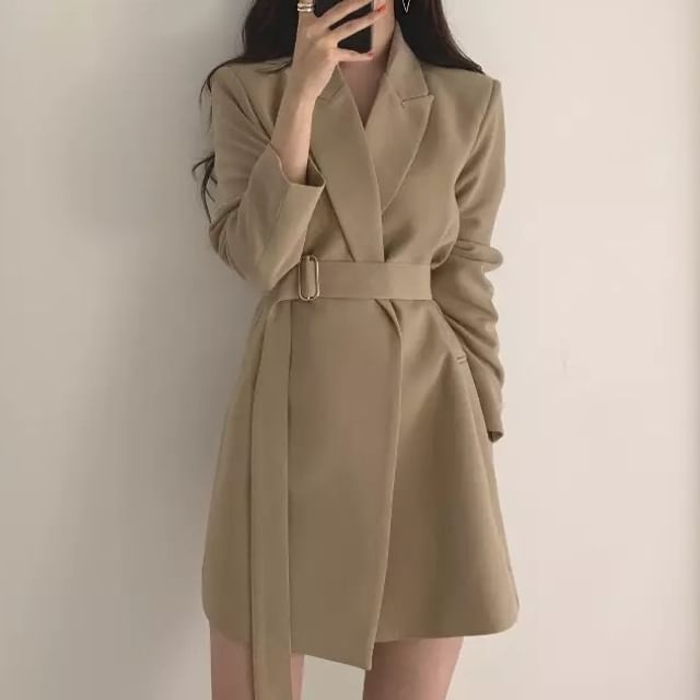 beige belted blazer dress Long Sleeves Beige Blazer Belted Dress L
