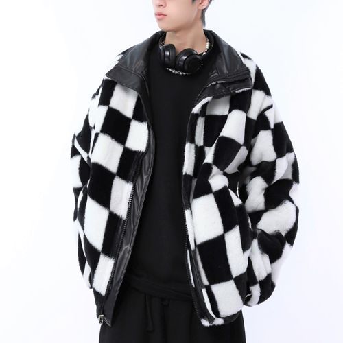 Faux Leather Checker Zip Teddy Jacket