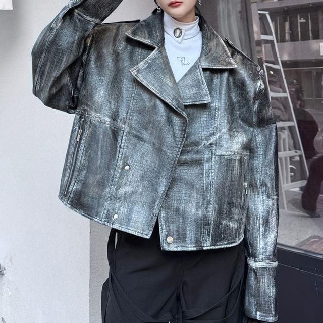 ravewider-Lapel Collar Snap Buttoned Crop Biker Jacket