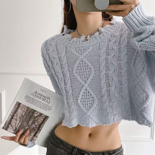 Haneliz - Round Neck Plain Frayed Crop Cable Knit Sweater