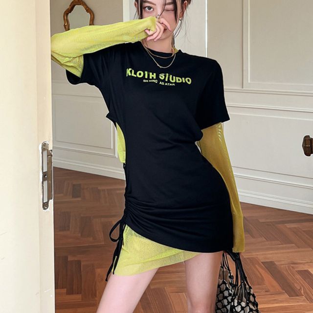 Magma - Short-Sleeve Lettering Cut-Out Mini T-Shirt Dress / Long-Sleeve Mesh  Mini Dress | YesStyle