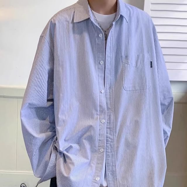emeisa-Long-Sleeve Striped Pocketed Shirt