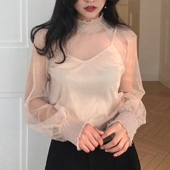 ALIN STYLE - 套装: 纯色长袖网纱上衣 + 小背心 ALIN STYLE - 套装: 纯色长袖网纱上衣 + 小背心
