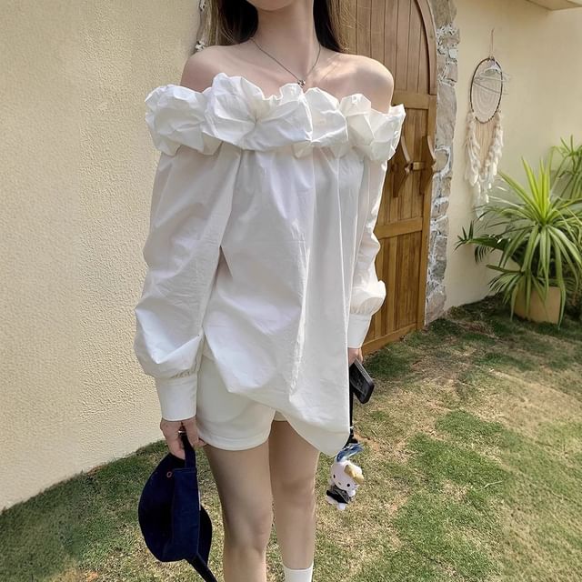 Trendycas-Off-Shoulder Plain Ruffle Blouse