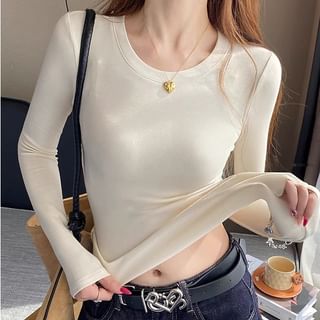 monroll-Long-Sleeve Scoop Neck Plain T-Shirt