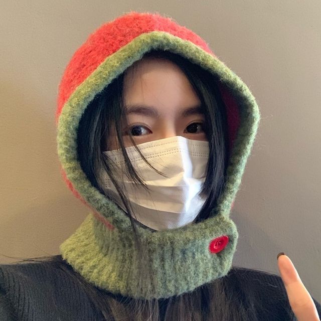 HATHOT-Color Block Button Neck Guard Knitted Hood