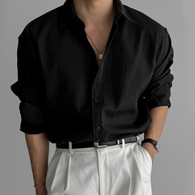 GRAYCIOUS-Long-Sleeve Button-Up Plain Shirt