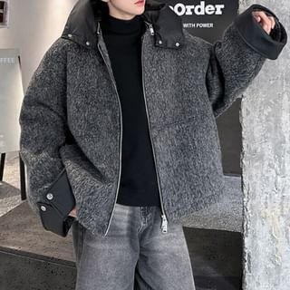 Omozando-Collar Melange Hooded Padded Zip Jacket