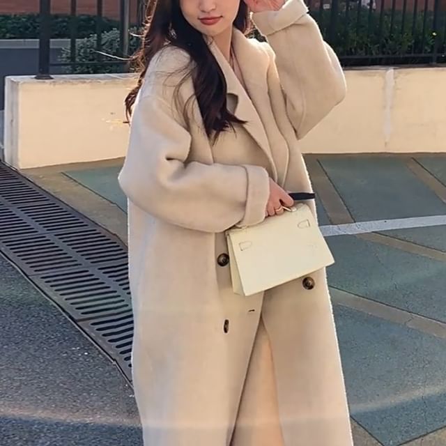 MIKIGA-Lapel Collar Midi Double-Breasted Coat