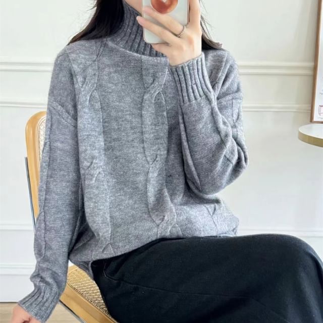 Sienne-Turtleneck Plain Cable Knit Sweater
