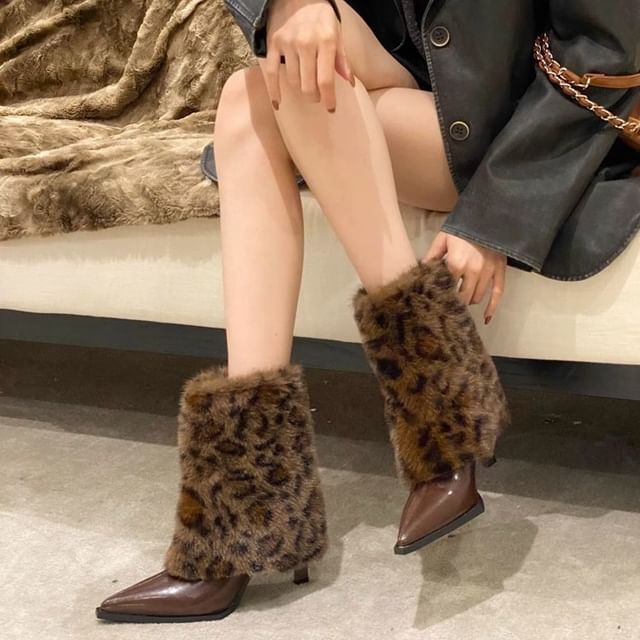 Asterisk-Stiletto Pointed Toe Leopard Print Fluffy Short Boots