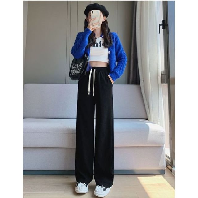 Dovitade-Drawstring Waist Plain Wide Leg Pants