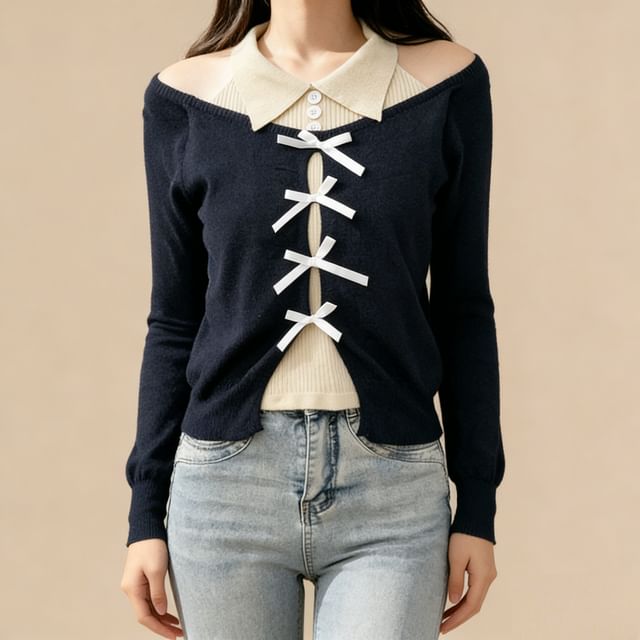 Lemongrass-Patchwork Cold-Shoulder Bowknot Knit Crop Top