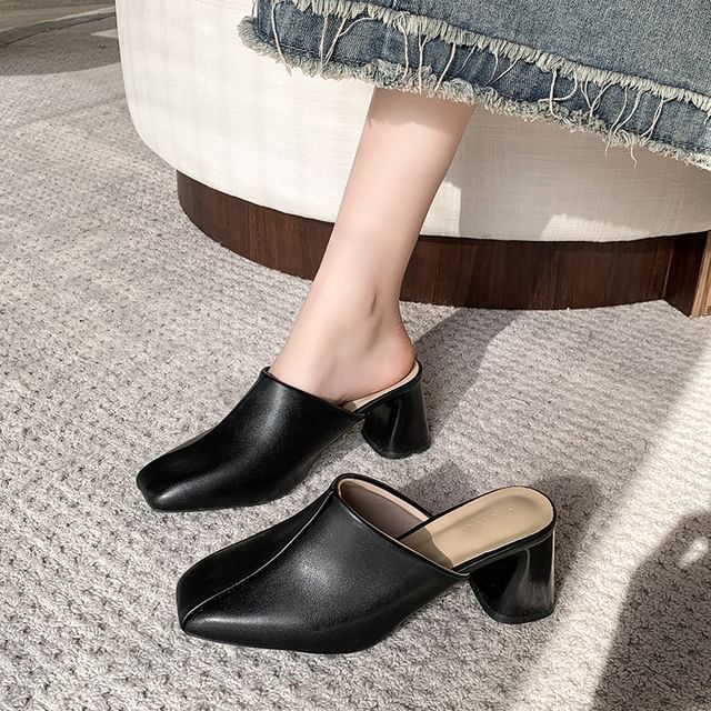 Asterisk-Chunky Heel Square Toe Plain Faux Leather Mules