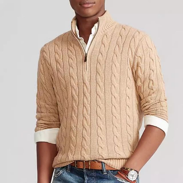 YIKES-Mock Neck Plain Half Zip Cable Knit Sweater
