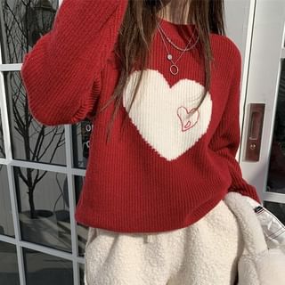 PINPI Crew Neck Heart Patterned Sweater